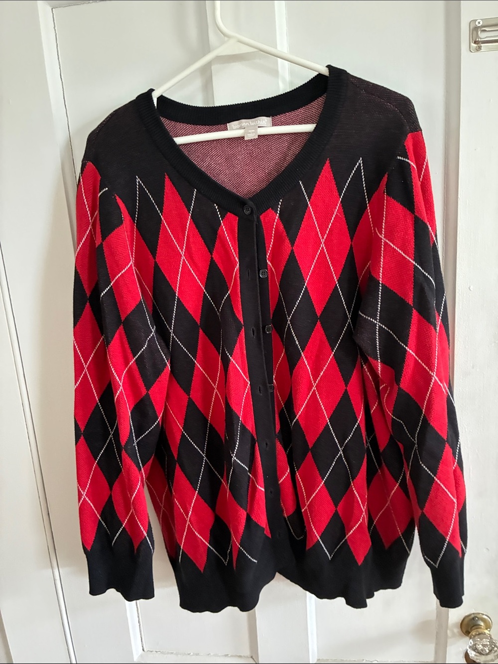 Woman Within Red and Black Argyle Cardigan Sweater